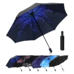 Parapluie tempête compact avec motifs variés, design étoilé violet, élégant et pratique avec étui noir inclus.