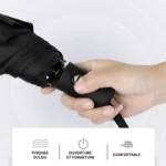 Parapluie tempête compact noir, poignée ergonomique, solide et confortable, ouverture/fermeture facile. Idéal par tous les temps.