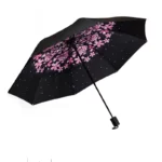 Parapluie tempête compact noir avec motifs fleurs roses sur fond étoilé, élégant et robuste pour une protection optimale.