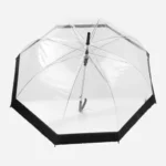 Parapluie transparent avec poignée colorée, design élégant, structure en métal noir, pratique et chic pour les jours de pluie.