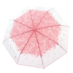 Parapluie transparent fleuri avec poignée droite, motif floral rose élégant, pratique et chic pour se protéger de la pluie.
