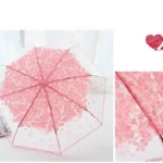 Parapluie transparent fleuri, élégant et romantique, avec motifs floraux roses et poignée droite, parfait pour les journées pluvieuses.