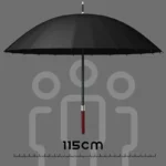 Parapluie homme noir 115 cm avec manche bois, élégant et stylisé, sur fond gris avec silhouettes en arrière-plan.