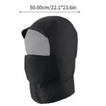Capuche de pluie 3 en 1 noire avec masque intégré, protège contre pluie et froid, taille ajustable 56-60 cm, collection tendance.