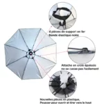 Chapeau parapluie pliable avec support en fer robuste, attaches renforcées et ouverture simplifiée pour un usage pratique et durable.
