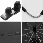 Parapluie poussette 85 cm, zoom sur boutons de réglage, tissu imperméable, structure en acier et élément flexible en métal.