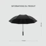 Parapluie golf grand format noir, diamètre 112 cm, hauteur 85 cm, élégant et robuste pour une protection optimale sous la pluie.