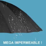 Parapluie noir élégant et imperméable, idéal contre la pluie, issu de la collection [Collection], sur fond bleu avec gouttes d'eau.
