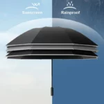 Parapluie noir innovant, grand et résistant, offrant protection pluie/soleil, illustré avec ses fonctionnalités uniques.