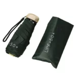 Mini parapluie pliant vert, léger et compact, avec housse, protection UV UPF > 50+, idéal pour voyage et usage quotidien.