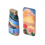 Mini parapluie vintage compact et coloré, design artistique unique, avec housse assortie, parfait pour un style élégant sous la pluie.