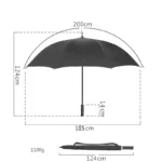 Parapluie XXL pliable noir 200 cm de diamètre avec étui, résistant et compact, idéal pour une protection maximale.