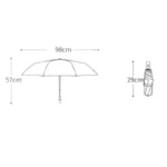 Parapluie automatique épais, plié 29 cm, déplié 98 cm x 57 cm, illustration technique des dimensions précises.
