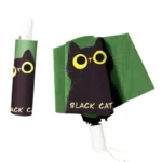 Parapluie pliable automatique avec illustration chat noir yeux jaunes sur fond vert, design unique BLACK CAT [Collection].