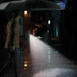 Parapluie LED éclairant une rue sous la pluie, homme abrité, innovation et style pour des soirées pluvieuses. [Collection]