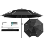Parapluie de pêche réglable noir avec piquets, sac de transport, idéal contre la pluie et pour vos sessions pêche en plein air.