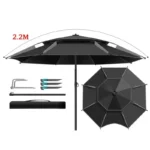 Parapluie de pêche réglable 2,2m noir avec accessoires, piquets et étui de transport, parfait pour se protéger de la pluie.