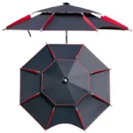 Parapluie de pêche résistant au vent, design noir et rouge, structure à huit panneaux pour une protection optimale contre la pluie.