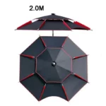 Parapluie de pêche résistant au vent, large de 2m, design octogonal noir et rouge, idéal pour une protection optimale contre la pluie.