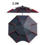 Parapluie de pêche octogonal 2,2 m, résistant au vent, noir avec accents rouges, idéal pour protection contre la pluie.