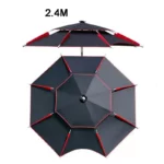 Parapluie de pêche octagonal 2,4m, résistant au vent, design noir et rouge, idéal pour protection contre la pluie en extérieur