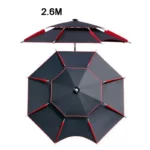 Parapluie de pêche résistant au vent 2,6 m, design noir et rouge moderne, assure une protection optimale contre la pluie et le soleil.