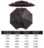 Parapluie de pêche résistant au vent noir et rouge, diamètre 2,3 m, hauteur réglable, parfait pour une protection optimale.