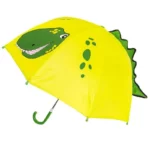 Parapluie enfant jaune dinosaure avec tête amusante, idéal pour les jours pluvieux et apporter de la couleur aux balades.