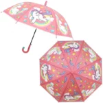 Parapluie enfant rose avec motifs licorne, arc-en-ciel et étoiles, parfait pour égayer les jours de pluie avec style.