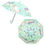 Parapluie enfant licorne coloré avec arcs-en-ciel et étoiles, sur fond mint, idéal pour une protection originale et joyeuse.