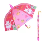 Parapluie enfant semi-automatique coloré avec motifs d'animaux, fond rose et design joyeux, parfait pour les petits aventuriers.