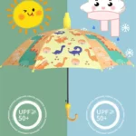 Parapluie enfant semi-automatique avec motifs dinosaures, protection UPF 50+, idéal pour temps nuageux ou ensoleillé.