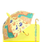 Parapluie enfant semi-automatique avec motifs dinosaures, garçons et cœurs, fond jaune, poignée crochet, idéal pour enfants.