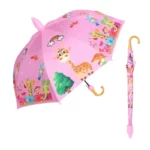 Parapluie enfant rose semi-automatique avec motifs animaux colorés (girafes, éléphants), design ludique et canne assortie.