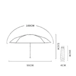 Parapluie fille pliable 100cm diamètre, compact 16cm replié, dimensions détaillées pour usage pratique et transport facile.