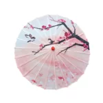 Parapluie japonais traditionnel rose avec motifs floraux et oiseaux, élégant et pratique pour la pluie ou le soleil.