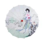 Parapluie japonais floral avec femme en kimono, motifs artistiques et paysages traditionnels, parfait pour une touche authentique.