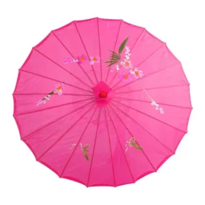 Parapluie japonais vintage rose à motifs floraux colorés, élégant et authentique, parfait pour compléter une décoration ou une tenue.