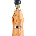 Parapluie luxe orange avec poignée ronde en cristal, bande métallique logo, design élégant et raffiné, parfait pour la collection.