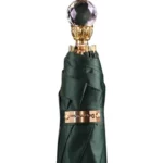 Parapluie luxe vert avec poignée dorée et cristal, accessoire élégant pour un style raffiné et une protection contre la pluie.