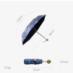 Parapluie luxe rétro bleu et noir déplié de 110 cm, plié de 32 cm, design élégant, parfait pour accessoiriser avec style.