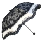 Parapluie mariage vintage en dentelle noire avec volants, accessoire élégant et pratique pour un look chic par tous les temps.
