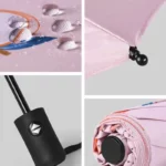 Parapluie rose motifs fruits, design élégant et imperméable, avec zoom sur mécanisme ajustable pour style et protection uniques.