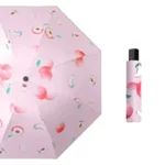 Parapluie rose original avec motifs de pêches, design compact et étui assorti, idéal pour ajouter une touche fruitée et stylée.