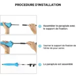 Étapes d’assemblage du parapluie poussette 85 cm : fixation du support, serrage, et résultat final avec le parapluie monté.