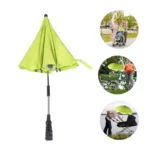 Parapluie vert lumineux à clipser sur poussette, idéal contre la pluie, pratique pour sorties extérieures avec enfants.