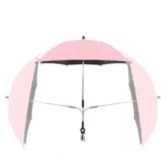 Parapluie poussette anti-UV rose avec fixation modulable, parfait pour protection pluie et soleil, design pratique et coloré.