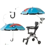 Parapluie de poussette coloré et pratique, motifs ludiques, protection contre la pluie, adaptable à différents modèles de poussettes.