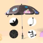 Parapluie poussette noir motif spatial, planètes colorées, flexible et pratique, protège efficacement de la pluie.