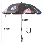 Parapluie poussette coloré avec motifs spatiaux, clip de fixation pratique, diamètre 85 cm, idéal pour protéger bébé du soleil.